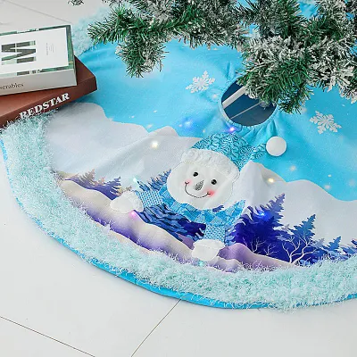 Plush Tree Skirt LED Blue Luminous Christmas Tree Venue Decoration Apron Christmas Tree Skirt with Lights